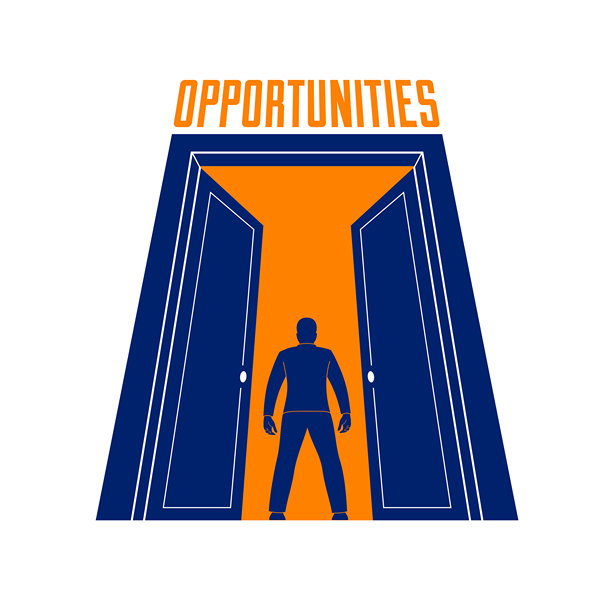 一个男人站在半开的大门前，犹豫是否要迈步进入，象征着新机会、迈向未来的隐喻，以及关于未来的债务决策。图片下载