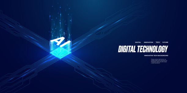 等距数字AI芯片与抽象光大数据元素在深蓝色科技背景上。带有AI处理器的电路板。科技背景上的半导体。矢量插图。计算机背景。图片下载