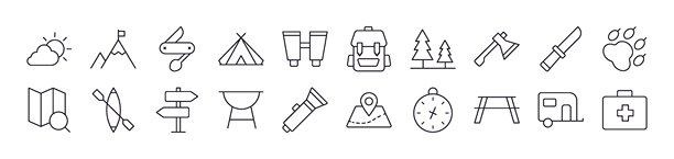 背包、地图图钉、露营、旅行、假期相关图片合集。可编辑的线条。非常适合信息图表、文章、书籍、传单、横幅。图片下载