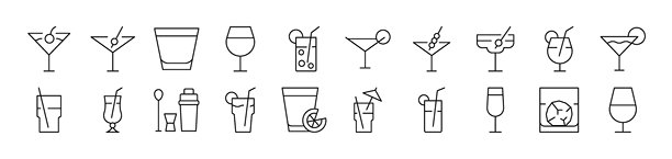 海滩鸡尾酒相关图片合集。可编辑的线条。非常适合信息图表、文章、书籍、传单、横幅。图片下载