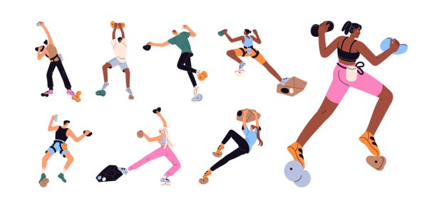 攀岩者在抱石墙上。人们在人工石头的山地公园攀爬。角色们在健身房进行登山训练。白色背景上的平面孤立矢量插图。图片下载