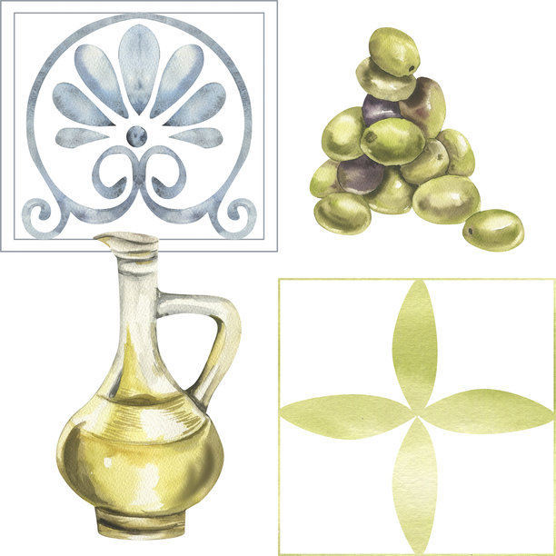 希腊古代装饰水彩无缝图案，包含花卉马赛克、橄榄串和油瓶插图。几何手绘背景，意大利风格剪贴画，适用于壁纸和厨房设计。图片下载
