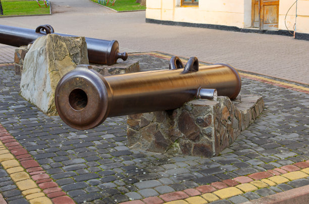 这张照片描绘了两门古董大炮安放在石制基座上，位于一个铺砌的广场。大炮由深色金属制成，具有独特的形状。图片下载