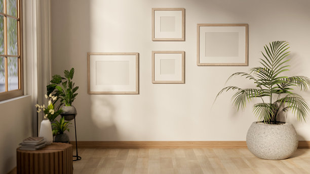 空白的木框挂在客厅或走廊的白色墙壁上。画廊照片墙。图片下载