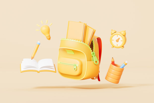 3D渲染的卡通书包和文具，背景为黄色图片下载