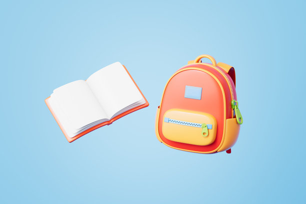蓝色背景下的3D渲染卡通书包和书籍图片下载
