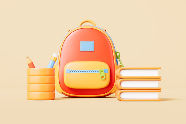 3D渲染的卡通书包和书籍，背景为黄色图片下载