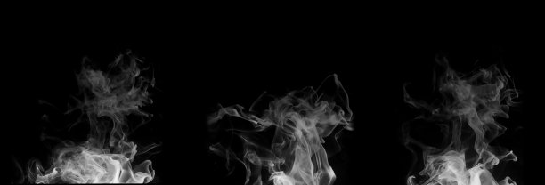抽象白色烟雾的特写照片。插图展示了不同质地和密度的白色蒸汽或烟雾，背景为黑色。图片下载