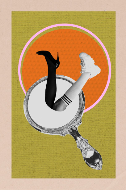 海报图像：垂直照片拼贴，匿名女孩在美容院的镜子前，接受修剪臀部的美容护理，穿着高跟运动鞋。图片下载