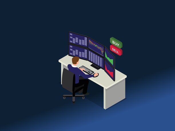 3D等距插图，展示一位金融交易员或分析师坐在桌子前，桌上有多个电脑显示器，显示各种股票市场图表、图形和数据，并配有买入和卖出按钮。图片下载