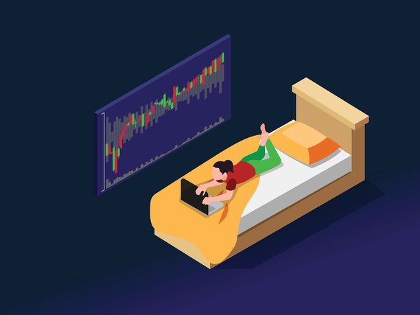 3D等距插图描绘一个人躺在床上使用笔记本电脑，旁边的屏幕上显示着股票市场或加密货币图表。图片下载