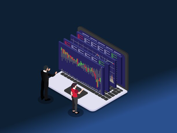 等距插图展示两位商业专业人士正在分析显示在大屏幕笔记本电脑上的多个重叠的股票市场或外汇图表图片下载