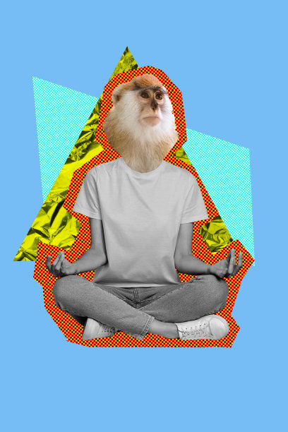 海报照片，垂直拼贴，匿名人类头部戴着猩猩面具，野生动物瑜伽静修，修习佛教图片下载