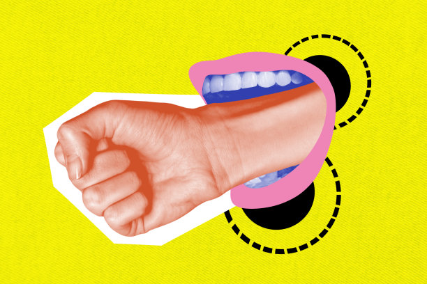 模板海报潮流艺术照片拼贴，展示身体语言、手势、拳头攻击、张嘴、微笑、牙齿，迷幻风格。图片下载