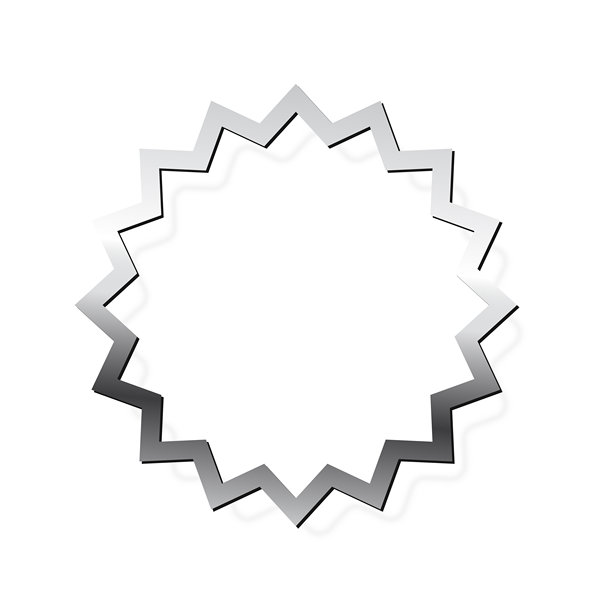 白色背景上的银色多点星形框架。钢制印章，按钮。留白空间用于图片、画作、卡片。3D真实感铬空模板矢量插图。简单物体模型。图片下载