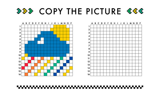 复制彩虹、天空、太阳的图片游戏。用方块绘画。儿童教育工作表。图片下载