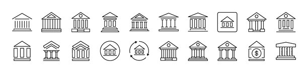 银行建筑轮廓图片合集。可编辑的线条。非常适合信息图表、文章、书籍、传单、横幅。图片下载