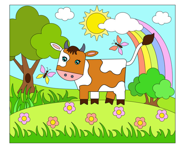 可爱的牛，背景是风景的家畜图片 - 矢量全彩绘图。图片下载