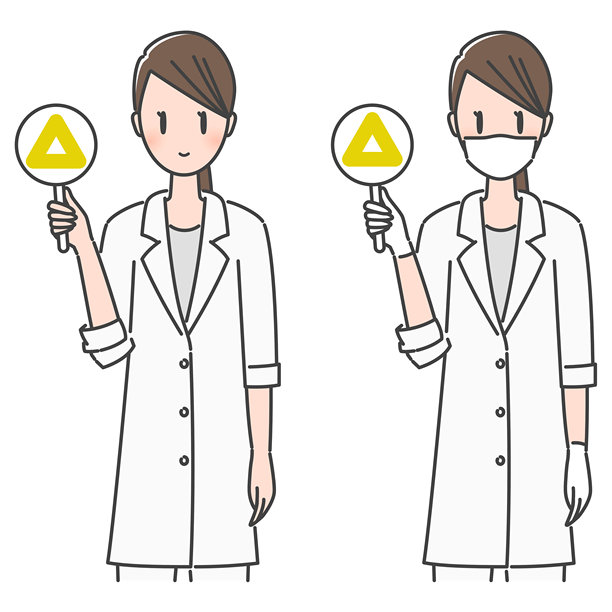 插图素材：一位穿着白大褂的女性医生/牙医，面带三角形、微妙的表情，正在进行测验图片下载