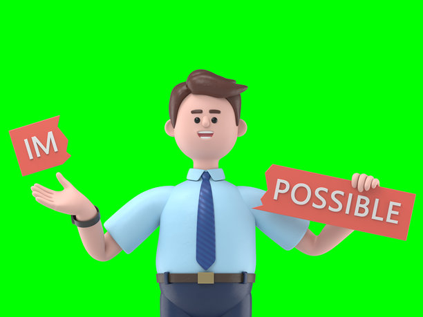 3D插图：微笑的亚洲男子Felix打破了写有“不可能”的木板，得到了“可能”这个词。3D渲染，适用于绿幕素材和剪辑路径。图片下载