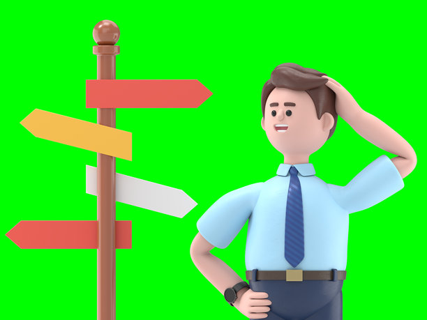 3D插图：微笑的亚洲男子Felix站在十字路口，注视着方向指示牌箭头。3D渲染，适用于绿幕素材和剪辑路径。图片下载