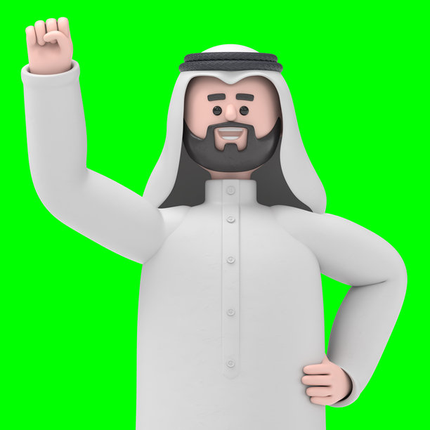 微笑的阿拉伯男子哈迪做出胜利的握拳手势的3D插图。绿色背景的模拟图。3D渲染在绿色背景上，适用于视频素材和抠图。图片下载
