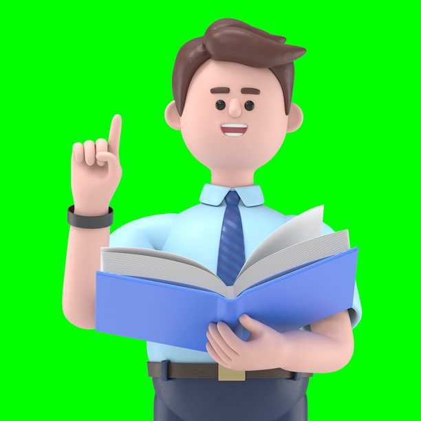 亚洲男性费利克斯的3D插图，正在阅读一本书。透明背景样机。绿色屏幕上的3D渲染，用于视频素材和抠图。图片下载