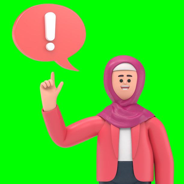 思考的阿拉伯女性Ghaliyah的3D插图，带有感叹号的对话气泡。绿色背景的模型。3D渲染，适用于视频素材和抠图。图片下载