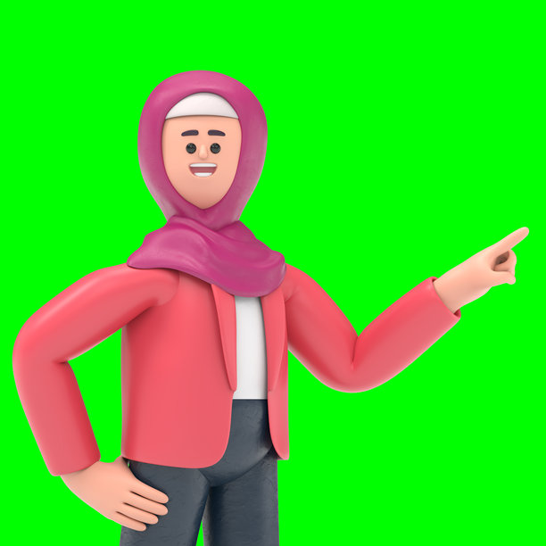 微笑的阿拉伯女性Ghaliyah在空白手机模型上推送的3D插图。绿色屏幕模型。3D渲染在绿色屏幕上，用于视频素材和剪辑路径。图片下载