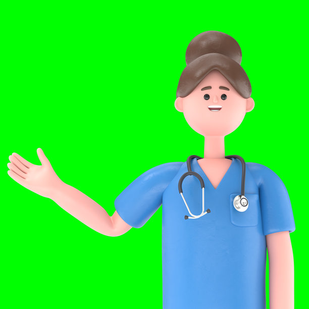 3D插图：女医生玛丽用手指指向屏幕，绿色背景屏幕模拟。3D渲染，适用于视频素材和抠图。图片下载