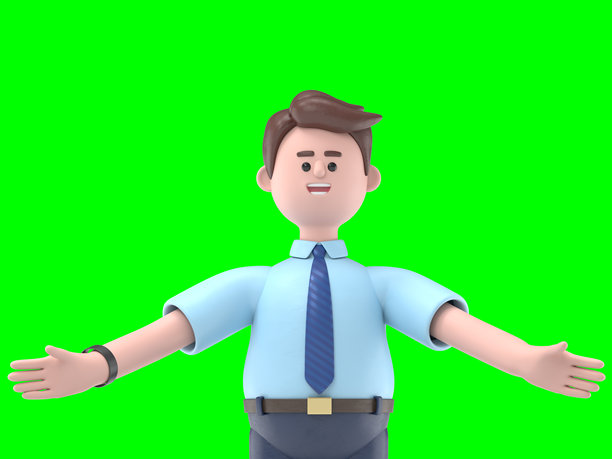 微笑的亚洲男子Felix手持板子的3D插图。绿幕模型。3D渲染在绿幕上，用于视频素材和抠图。图片下载