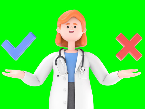 3D插图：女医生诺娃困惑地站着，犹豫选择“是”或“否”。绿色背景模版。3D渲染，适用于绿色背景的素材和抠图。图片下载