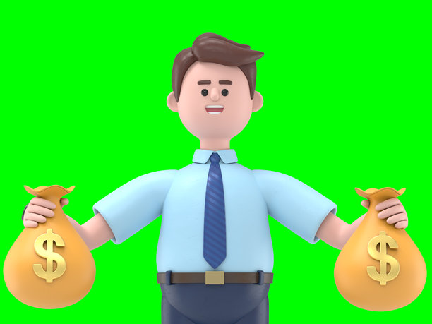 3D插图：亚洲男子Felix抱着一大捆现金。3D渲染，绿色背景，适合视频素材和抠图。图片下载