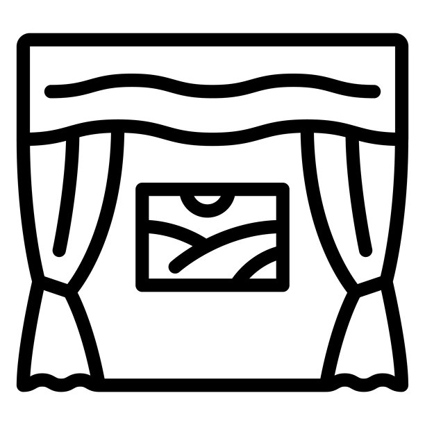 窗帘与墙面画的线条图标，展览概念。矢量图形。白色背景上的图片、窗帘、壁纸标志，适用于移动或设计风格。图片下载