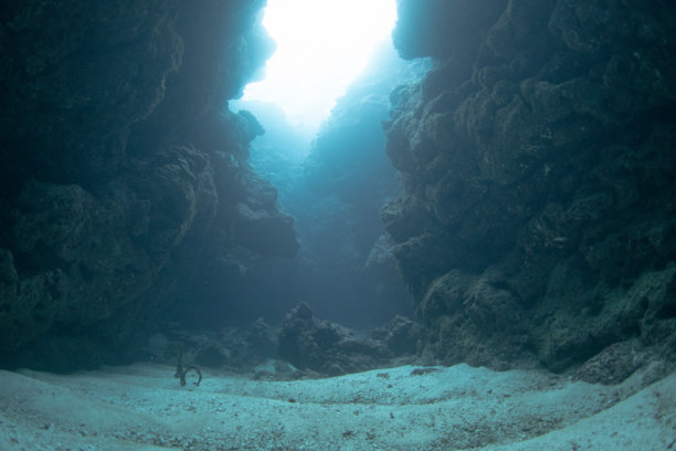 美丽的水下照片，阳光照射在水下洞穴上。图片下载
