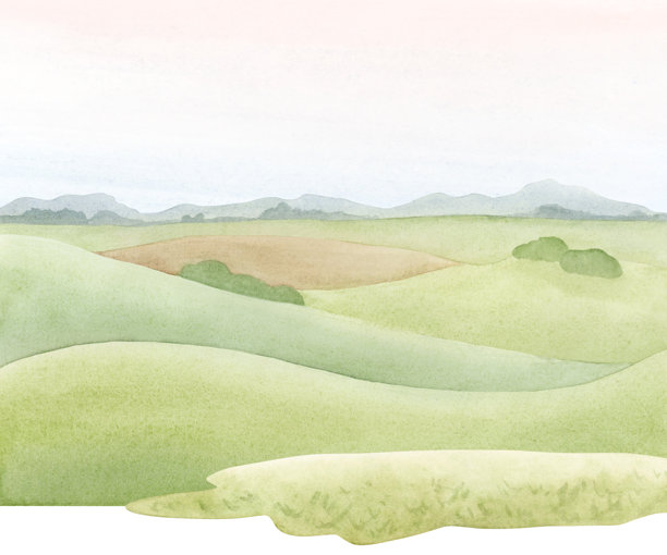 夏季绿色山丘和农田风景水彩插图，孤立的插画。乡村或村庄的全景自然剪贴画，简单手绘风格。图片下载