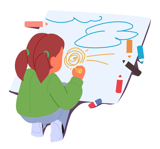 幼儿园女孩卡通角色用铅笔在纸上绘画的图片，背景为白色。图片下载