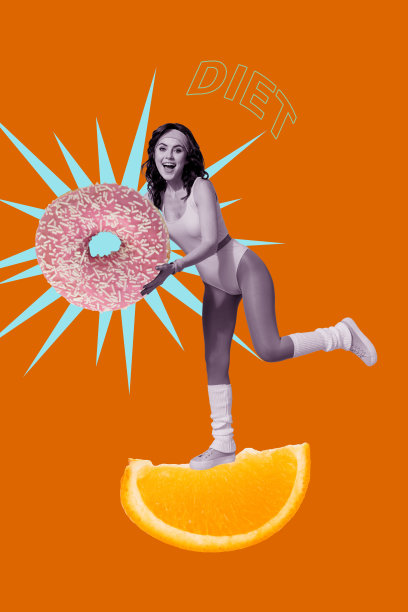 独特的垂直照片拼贴，快乐的健身女孩手持甜甜圈、营养卡片，旁边有橙子片，展现有机饮食。图片下载