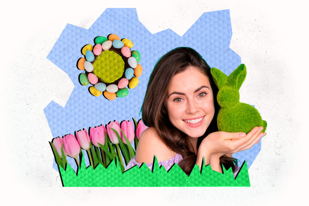 年轻快乐的漂亮女人在花园里抱着绿色兔子，周围有鲜花和涂色的复活节彩蛋，展现出庆祝复活节的创意拼贴照片。图片下载