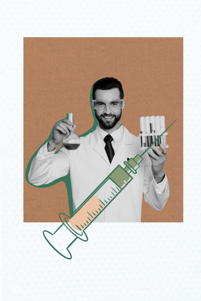 年轻男子手持工具和注射器，进行医疗治疗的3D照片拼贴艺术作品，展现医院护理与病毒相关的场景。图片下载
