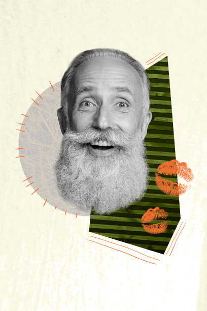 惊讶而快乐的老年退休男士的竖版照片拼贴，嘴唇涂有口红，嘴唇上有吻印，浪漫的背景涂鸦。图片下载