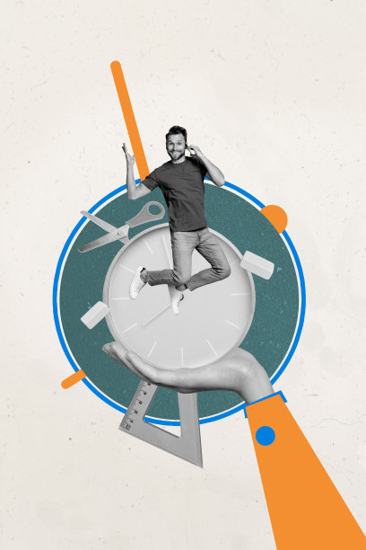 手持智能手机的年轻男子飞翔的复合3D照片拼贴设计趋势草图，时钟、剪刀和空缺办公室经理招聘元素。图片下载