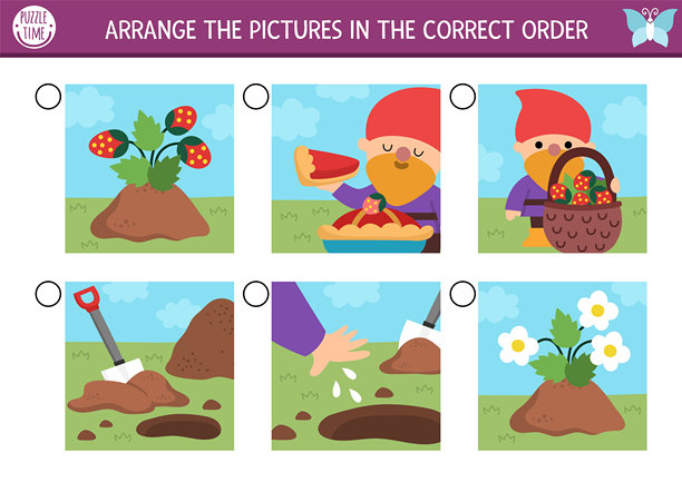 仙境逻辑活动与花园侏儒场景。将图片按正确顺序排列。动作顺序工作表。魔法仙女拼图，侏儒种植种子，吃浆果。先发生什么？图片下载
