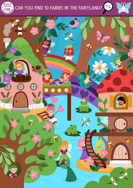 矢量仙境寻找游戏，带有迷人的森林景观、树屋和河流。在图片中寻找隐藏的仙女。简单的魔法童话寻宝教育打印活动，适合儿童。图片下载