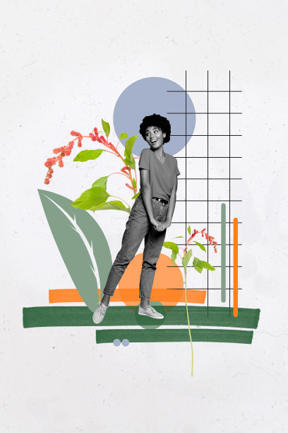 趋势艺术复合横幅 3D 照片拼贴，年轻女性卷发，站立，甜美微笑，植物，假日，春季花卉，绿色叶子图片下载