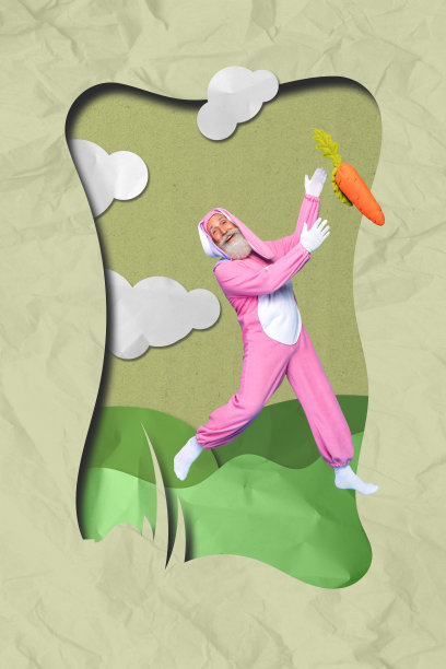 快乐的老年退休人员穿着兔子服装在田野上奔跑，抓住胡萝卜，复活节拼贴的竖版照片，背景为涂鸦风格。图片下载