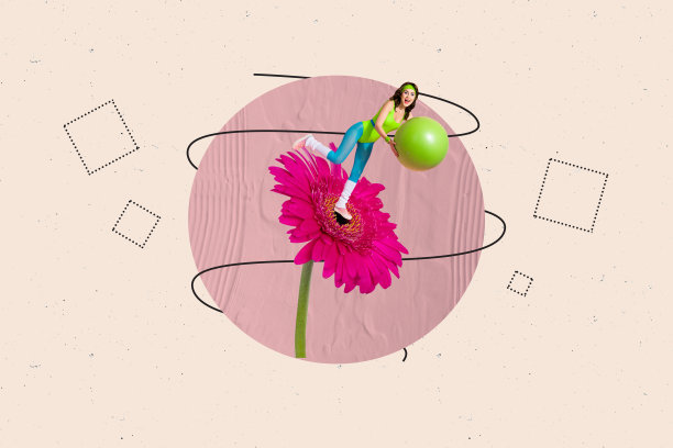 春天自然中的女性运动教练合成素描设计艺术作品，手持大花向日葵和球的年轻女士照片拼贴。图片下载