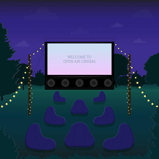 舒适的露天电影院。大型屏幕的汽车电影院。矢量插图。图片下载