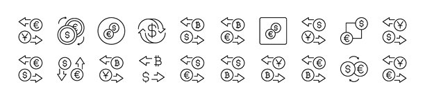 货币兑换图片合集。可编辑的线条。非常适合信息图表、文章、书籍、传单、横幅。图片下载