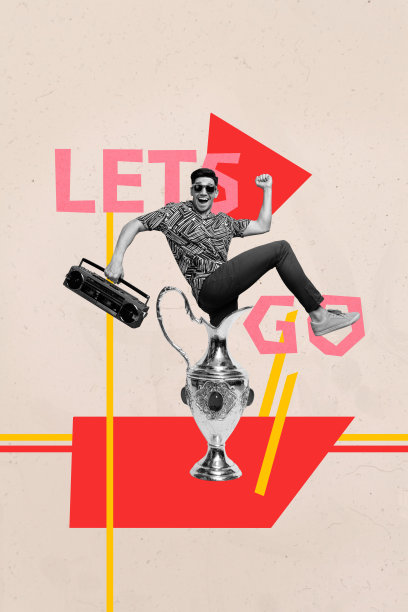 趋势艺术作品合成横幅 3D 照片拼贴，年轻男子出现在复古花瓶旁，手持音响，夜晚休闲派对娱乐。图片下载